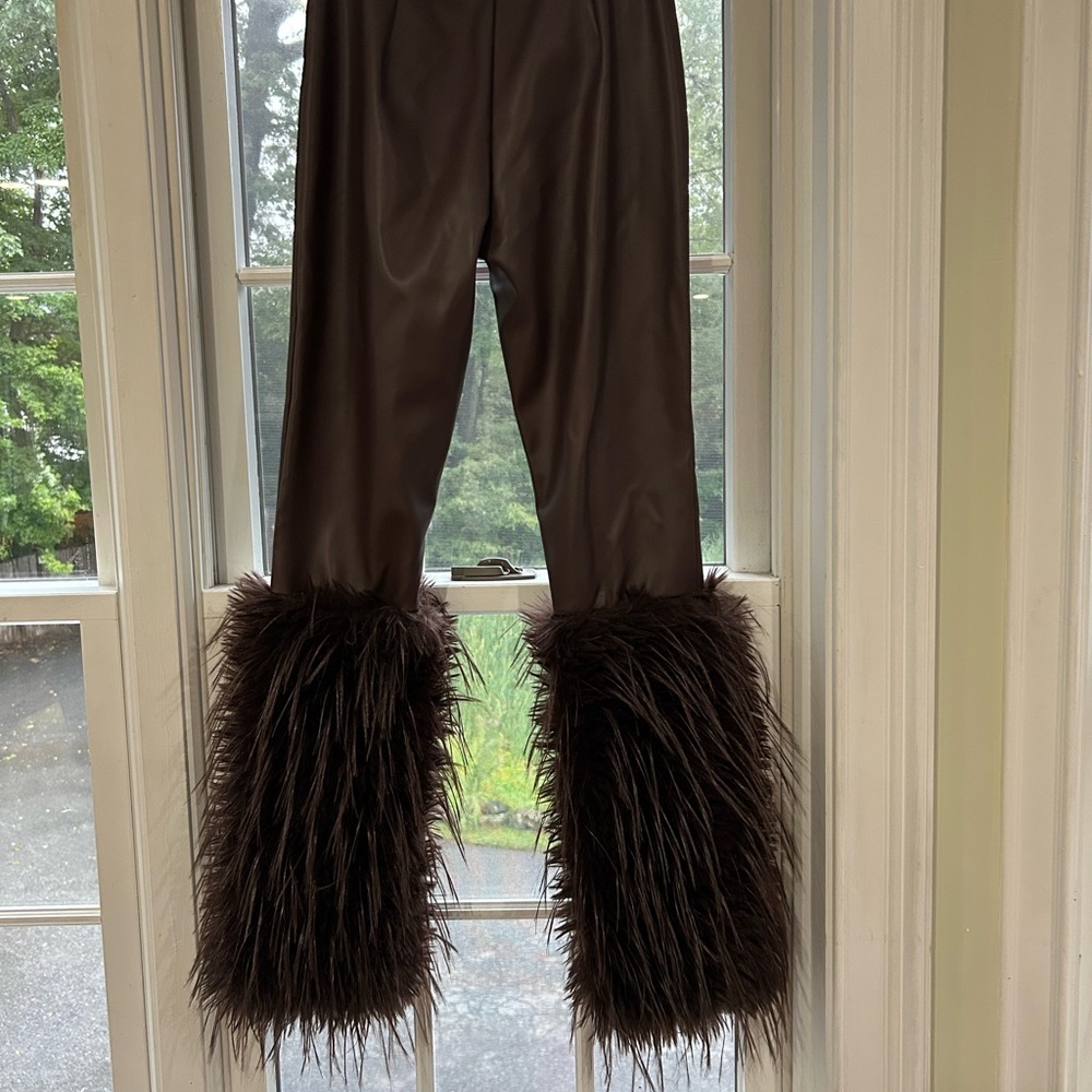 Elegant Brown Faux Fur Trim Pants